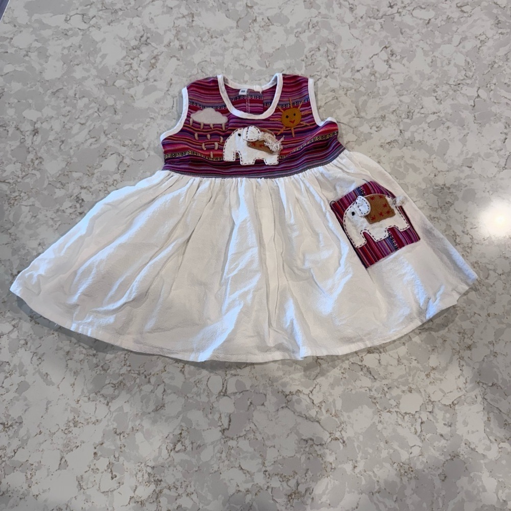 12M - Handmade in Thailand - Adorable White and Purple Elephant Dress